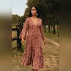 NATURAL LIFE Semi Sheer Floral Bell Sleeve Midi Maxi Dress Mauve Pink Purple L